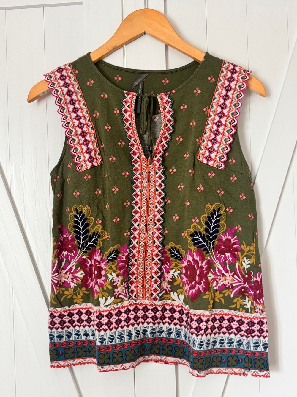 Anthropologie Olive Green Floral Embroidered Tank with Fuchsia Accents